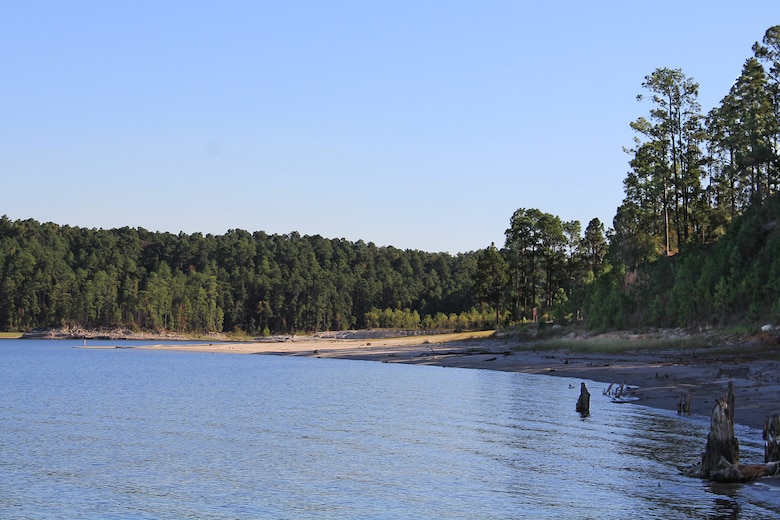 view of a lake shoreline from the lake