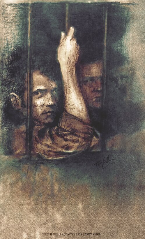Image of a painting done for the Prisoners of War. Two men can be seen behind bars.