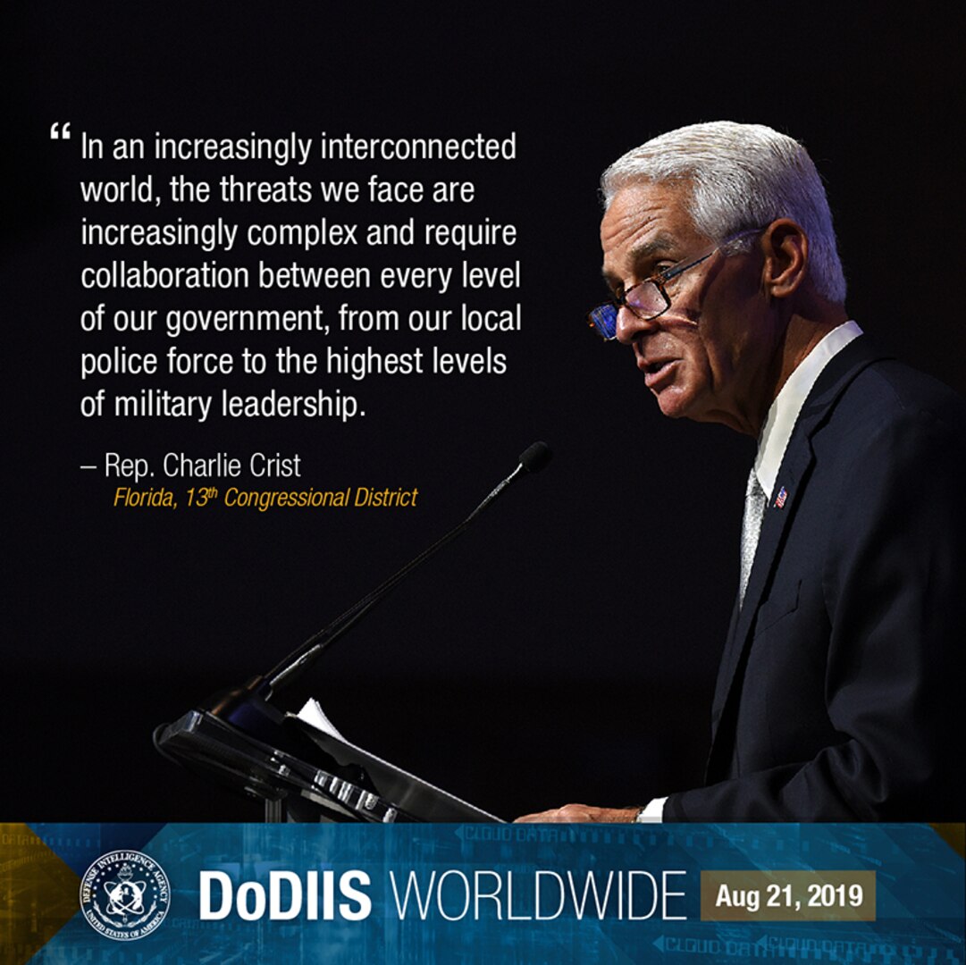 Image of a man behind a podium with a quote to his left and a title on the bottom that reads. DoDIIS Worldwide. Aug 21, 2019.