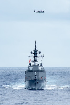 220526-N-BR419-1023 PHILIPPINE SEA (May 26, 2022) The Japan Maritime Self-Defense Force destroyer JS Teruzuki (DD 116) sails in formation with the U.S. Navy’s only forward-deployed aircraft carrier USS Ronald Reagan (CVN 76). The U.S. Navy and Japanese Maritime Self Defense Force routinely conduct naval exercises together, strengthening the U.S.-Japan alliance and maintaining a free and open Indo-Pacific region. Ronald Reagan, the flagship of Carrier Strike Group 5, provides a combat-ready force that protects and defends the United States, and supports alliances, partnerships and collective maritime interests in the Indo-Pacific region. (U.S. Navy photo by Mass Communication Specialist 3rd Class Oswald Felix Jr.)