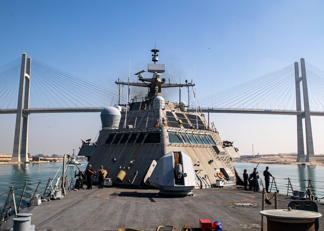 SUEZ CANAL, Egypt (May 29, 2022) Littoral combat ship USS Sioux City (LCS 11) transits the Suez Canal, Egypt, May 29. Sioux City is deployed to the U.S. 5th Fleet area of operations to help ensure maritime security and stability in the Middle East region.