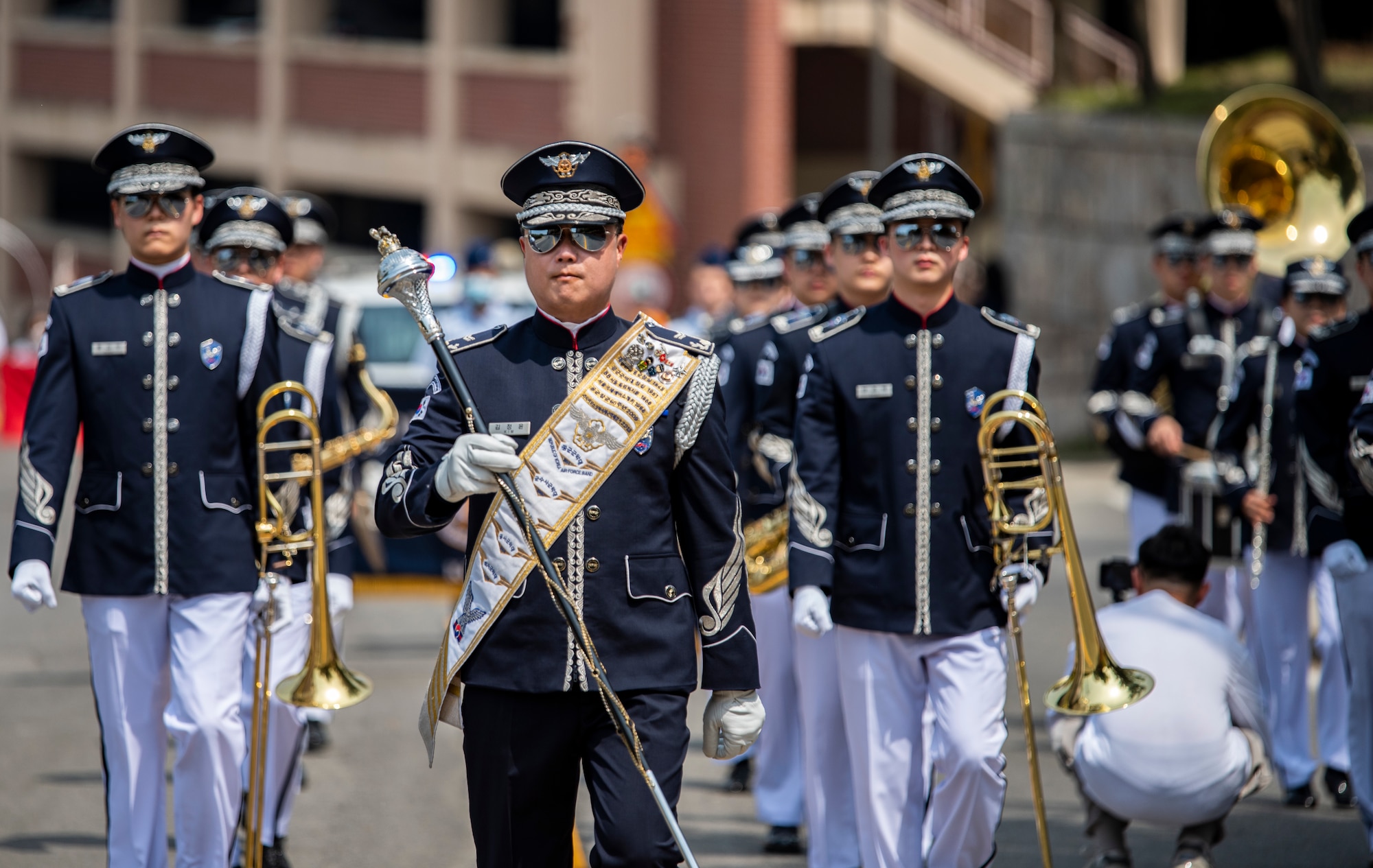 Republic of Korea Air Force band members perform while marching in the Armed Forces Day Parade.