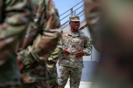 Senior Enlisted Advisor Tony Whitehead, senior enlisted advisor to the chief, National Guard Bureau, addresses Soldiers with the Guam National Guard’s 1224th Engineer Support Company on Guam, May 23, 2022. These Soldiers are part of a security forces mission staffed and equipped by the Guam Army Guard to protect air defense assets critical to Guam’s defense.