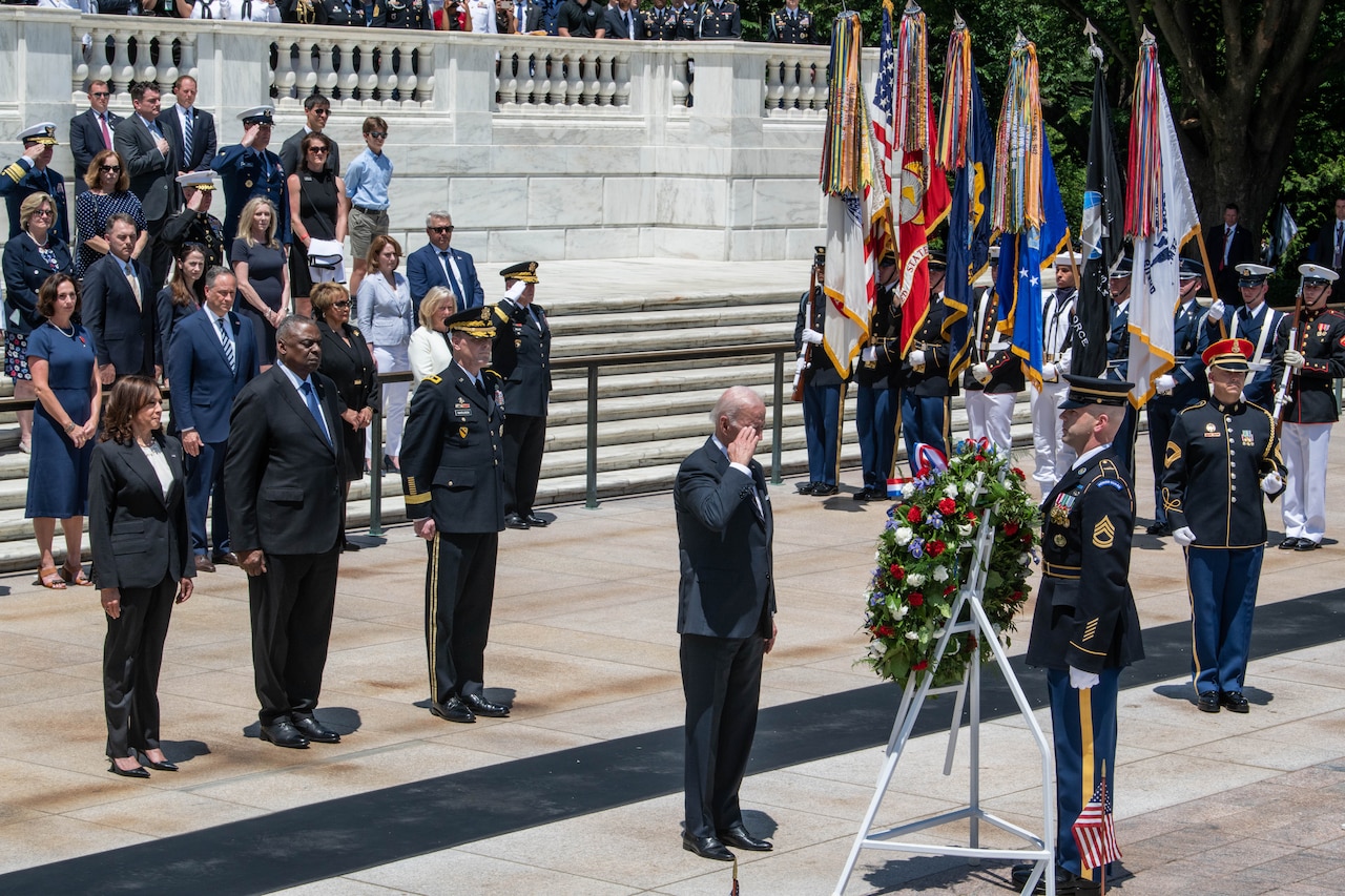 President Joe Biden, Vice President Kamala Harris and Secretary of Defense Lloyd J. Austin III participate in a wreath-laying ceremony.