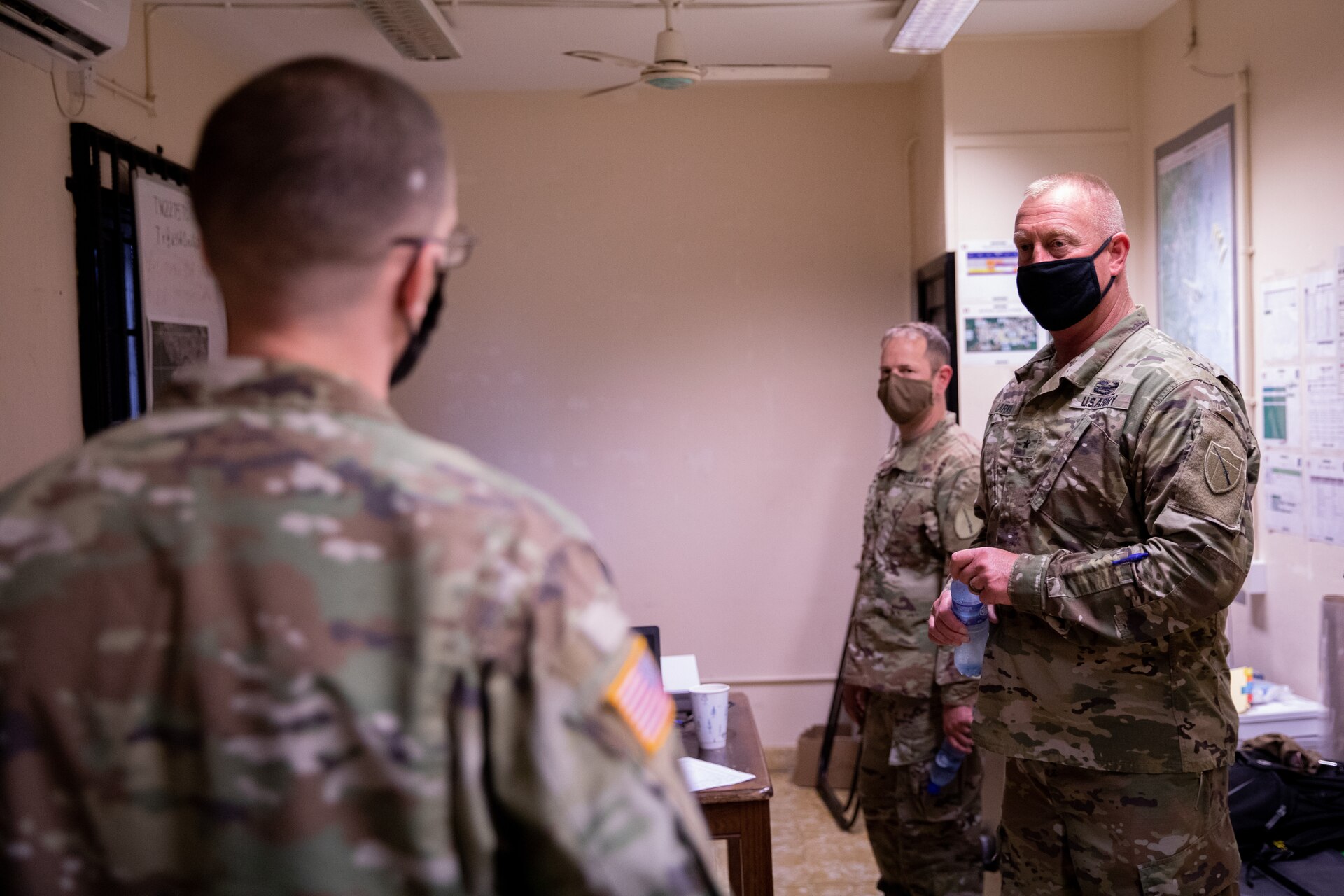 Kentucky National Guard Brig. Gen. Rob Larkin (right) and State Command Sgt. Maj. Jesse Withers (center) meets with members of the 75th Troop Command while they support Operation Tradewinds 22 at Price Barracks, Belize on May 18, 2022. 75th Troop Command supported Tradewinds 22 by providing brigade level support to over 1800 servicemembers from 22 countries (U.S. Army photo by Staff Sgt. Andrew Dickson).