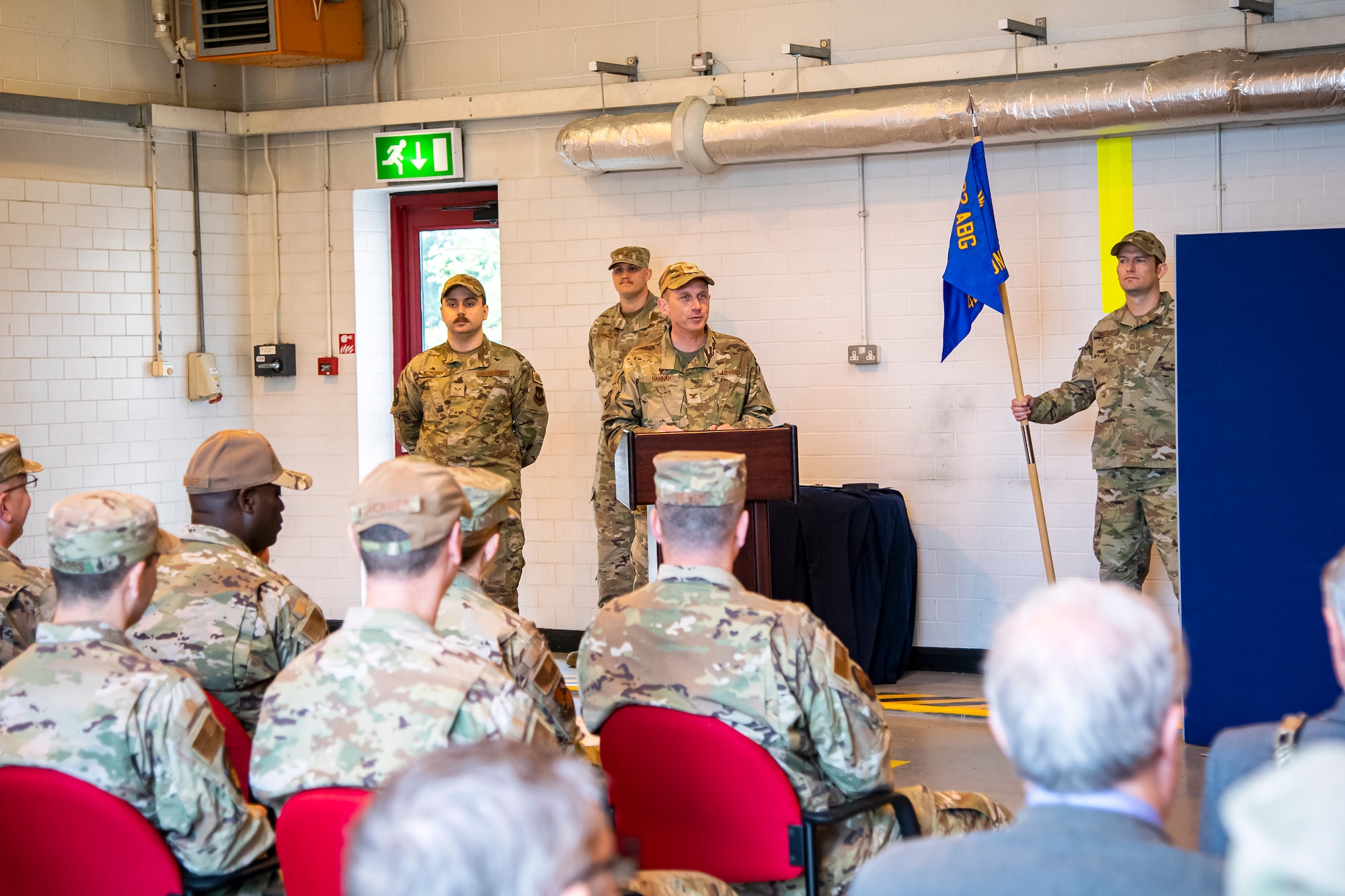 U.S. Air Force Col. Jon T. Hannah, 422d Air Base Group commander, speaks during a change of command ceremony at RAF Welford, England, May 26, 2022. The ceremony is a military tradition that represents a formal transfer of a unit’s authority and responsibility from one commander to another. (U.S. Air Force photo by Staff Sgt. Eugene Oliver)