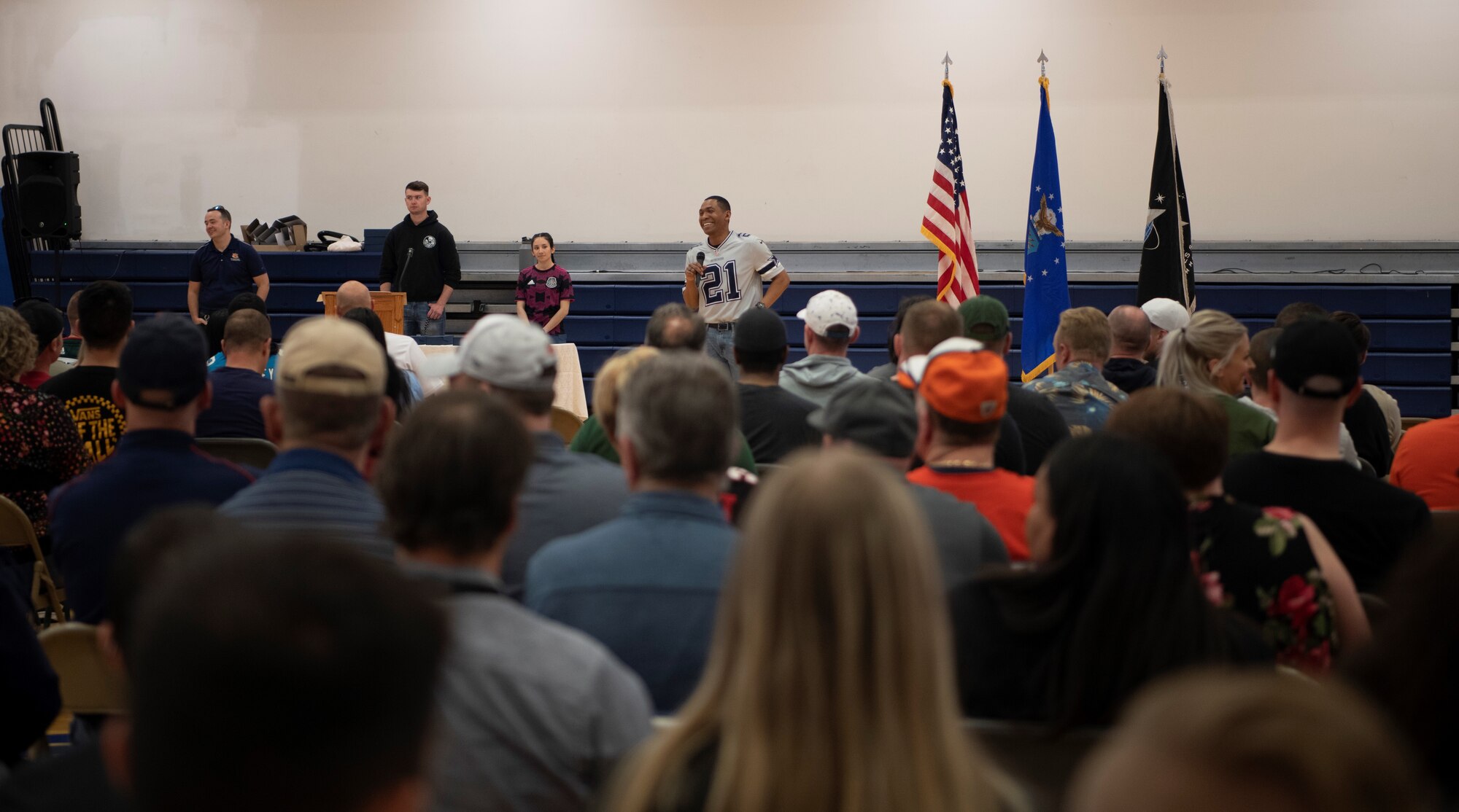 Col. Marcus Jackson, Space Base Delta 2 commander, addresses Team Buckley during the commander’s call May 26, 2022 at Buckley Space Force Base, Colo.