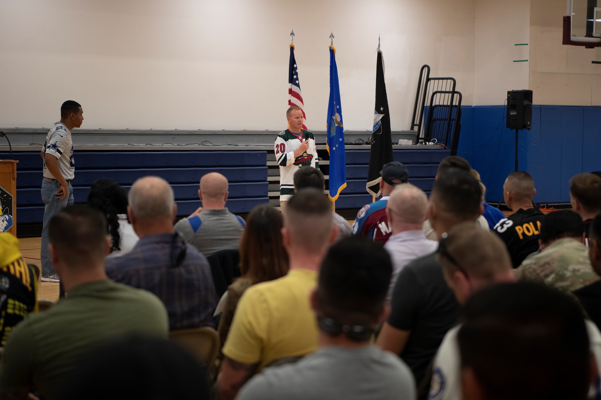 Col. Brian Chellgren, Space Base Delta 2 vice commander, addresses Team Buckley during the commander’s call May 26, 2022 at Buckley Space Force Base, Colo.