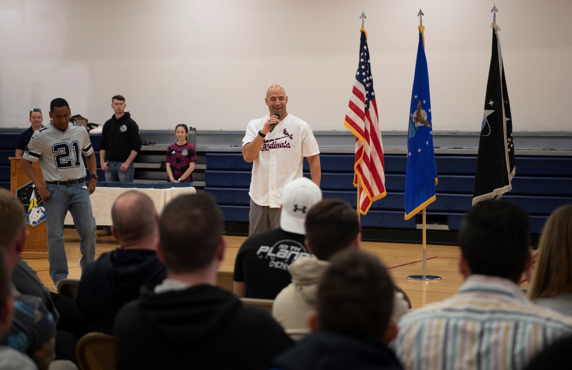 Chief Master Sgt. Robert Devall, former Space Base Delta 2 command chief, addresses Team Buckley during a commander’s call May 26, 2022 at Buckley Space Force Base, Colo.