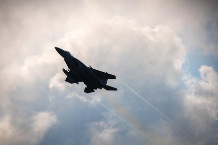 A U.S. Air Force F-15C Eagle flies over the installation during Checkered Flag 22-2 at Tyndall Air Force Base, Florida, May 18, 2022. Checkered Flag is a large-force aerial exercise that fosters readiness and interoperability through the incorporation of fourth-and fifth-generation aircraft during air-to-air combat training.