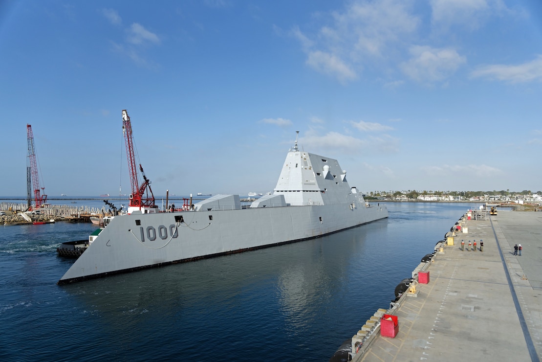 USS Zumwalt (DDG 1000) prepares to moor at Naval Weapons Station Seal Beach