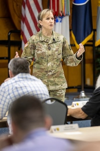 Col. Paige M. Jennings, U.S. Army Financial Management Command commander, speaks to USAFMCOM Army Military Pay Office directors and supervisors during an AMPO leadership forum at the Maj. Gen. Emmett J. Bean Federal Center in Indianapolis May 12, 2022. Throughout the three-day forum, subject matter experts from USAFMCOM, the Defense Finance and Accounting Service, and other U.S. Army organizations covered a variety of topics including military pay operations, human resources, debt and claims, SmartVoucher for permanent change of station moves, fraud, ethics, and Army-specific functions. (U.S. Army photo by Mark R. W. Orders-Woempner)