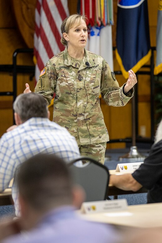 Col. Paige M. Jennings, U.S. Army Financial Management Command commander, speaks to USAFMCOM Army Military Pay Office directors and supervisors during an AMPO leadership forum at the Maj. Gen. Emmett J. Bean Federal Center in Indianapolis May 12, 2022. Throughout the three-day forum, subject matter experts from USAFMCOM, the Defense Finance and Accounting Service, and other U.S. Army organizations covered a variety of topics including military pay operations, human resources, debt and claims, SmartVoucher for permanent change of station moves, fraud, ethics, and Army-specific functions. (U.S. Army photo by Mark R. W. Orders-Woempner)