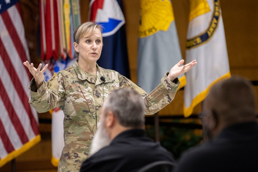 Col. Paige M. Jennings, U.S. Army Financial Management Command commander, speaks to USAFMCOM Army Military Pay Office directors and supervisors during an AMPO leadership forum at the Maj. Gen. Emmett J. Bean Federal Center in Indianapolis May 12, 2022. Throughout the three-day forum, subject matter experts from USAFMCOM, the Defense Finance and Accounting Service, and other U.S. Army organizations covered a variety of topics including military pay operations, human resources, debt and claims, SmartVoucher for permanent change of station moves, fraud, ethics, and Army-specific functions. (U.S. Army photo by Mark R. W. Orders-Woempner)