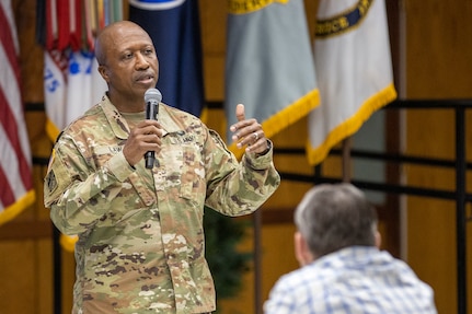 Command Sgt. Maj. Kenneth F. Law, U.S. Army Financial Management Command senior enlisted advisor, speaks to USAFMCOM Army Military Pay Office directors and supervisors during an AMPO leadership forum at the Maj. Gen. Emmett J. Bean Federal Center in Indianapolis May 12, 2022. Throughout the three-day forum, subject matter experts from USAFMCOM, the Defense Finance and Accounting Service, and other U.S. Army organizations covered a variety of topics including military pay operations, human resources, debt and claims, SmartVoucher for permanent change of station moves, fraud, ethics, and Army-specific functions. (U.S. Army photo by Mark R. W. Orders-Woempner)