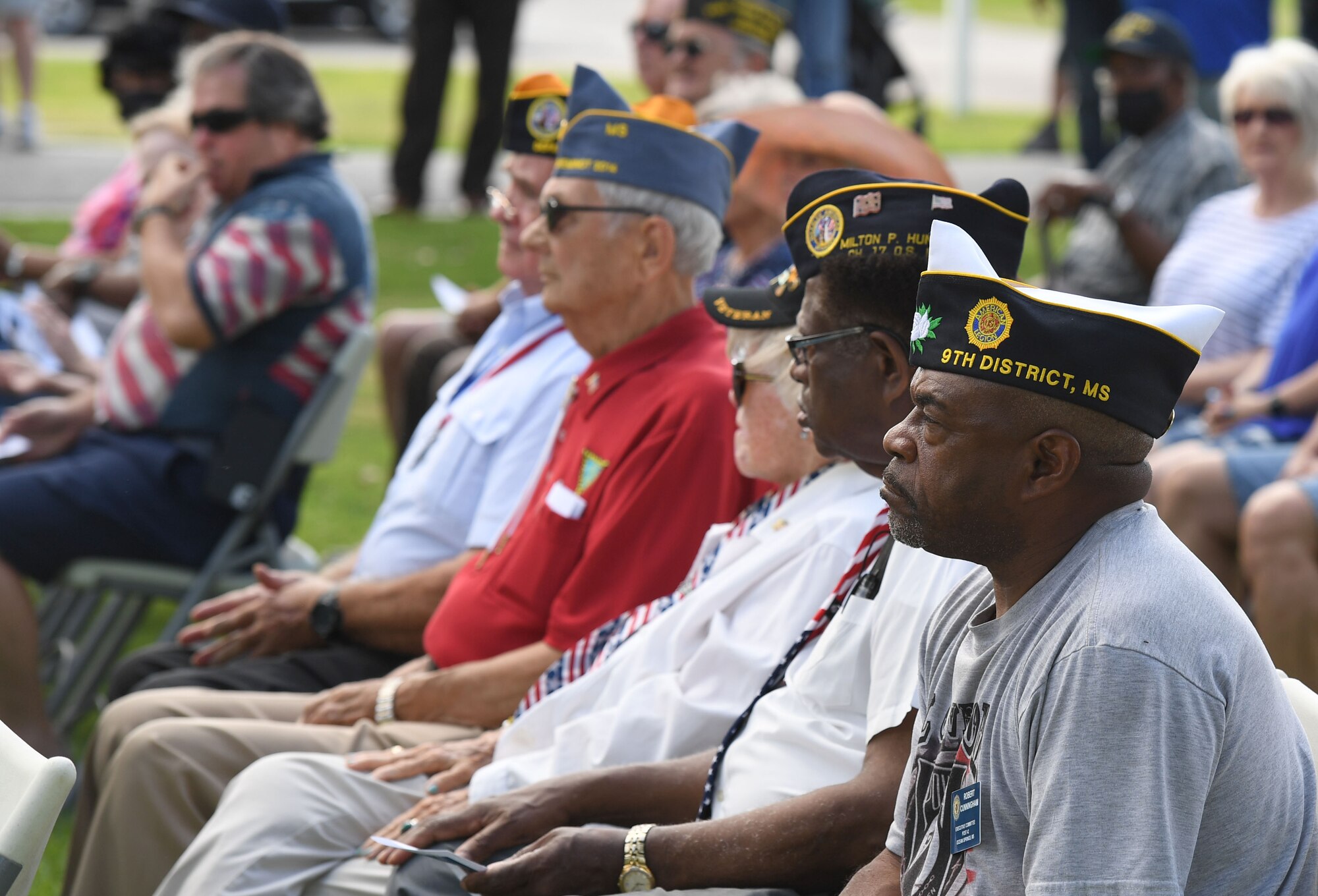 Local veterans and community members attend the Biloxi National Cemetery Memorial Day Ceremony in Biloxi, Mississippi, May 30, 2022. The ceremony honored those who have made the ultimate sacrifice while serving in the armed forces. Biloxi National Cemetery is the final resting place of more than 23,000 veterans and their family members. Every year, 800 burials take place there for men and women who served in wars years ago and for those defending America today. (U.S. Air Force photo by Kemberly Groue)