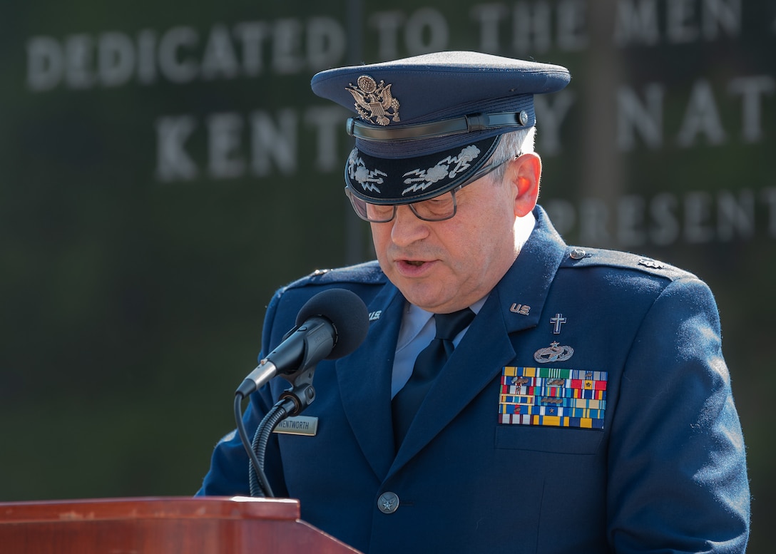 Air Force Chaplain (Lt. Col.) Kerry Wentworth of the 123rd Airlift Wing delivers the invocation at a memorial service held in Frankfort, Ky., May 30, 2022, honoring members of the Kentucky National Guard who have died in the line of duty. The names of 13 Soldiers were added to the Kentucky National Guard Memorial at Boone National Guard Center this year, bringing the total number of fallen Airmen and Soldiers to 286. (U.S. Air National Guard photo by Dale Greer)