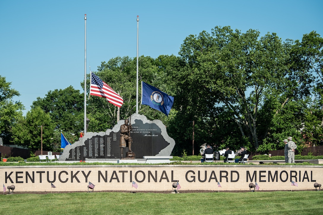 Officials added the names of 13 fallen Soldiers to the Kentucky National Guard Memorial during a ceremony at Boone National Guard Center in Frankfort, Ky., May 30, 2022. The monument now honors 286 Solders and Airmen from the Kentucky Guard who died in service to their nation since 1912. Of the 13 names being added, 11 were killed during World War I, one in 1935 during weekend training, and another in 2001 just prior to 9/11. (U.S. Air National Guard photo by Dale Greer)