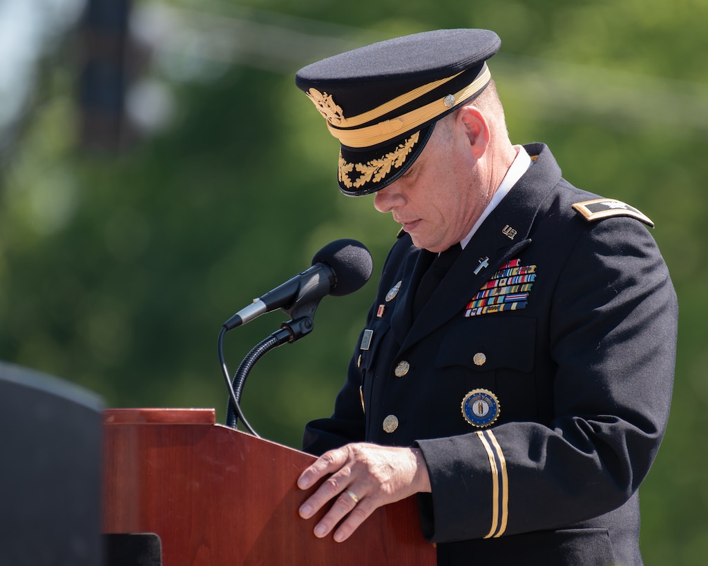 Army Chaplain (Lt. Col.) William C. Draper of the Kentucky National Guard delivers the benediction at a memorial service held in Frankfort, Ky., May 30, 2022, honoring members of the Kentucky Guard who have died in the line of duty. The names of 13 Soldiers were added to the Kentucky National Guard Memorial at Boone National Guard Center this year, bringing the total number of fallen Airmen and Soldiers to 286 since 1912. (U.S. Air National Guard photo by Dale Greer)