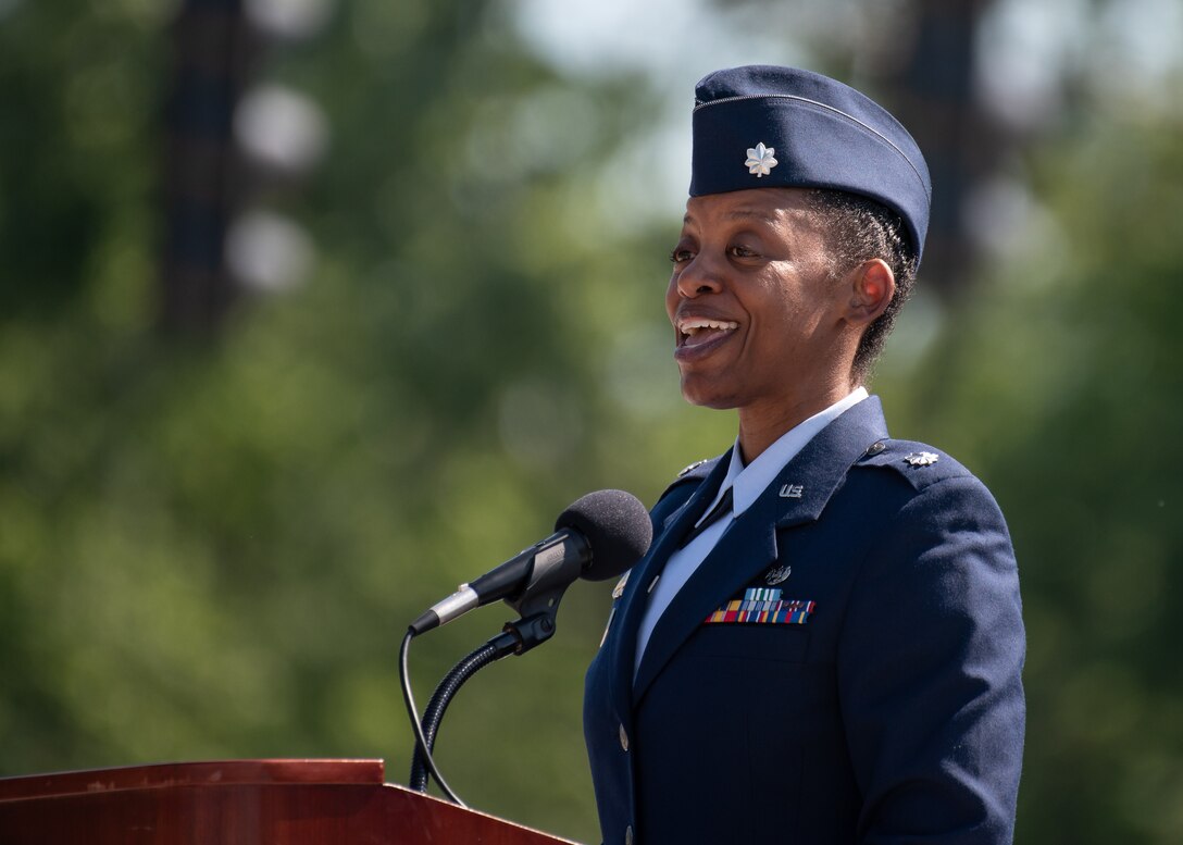 Air Force Lt. Col. Jenohn Smith of the Kentucky Air National Guard’s 123rd Airlift Wing speaks to the audience at a memorial service held in Frankfort, Ky., May 30, 2022, honoring members of the Kentucky Guard who have died in the line of duty. The names of 13 Soldiers were added to the Kentucky National Guard Memorial at Boone National Guard Center this year, bringing the total number of fallen Airmen and Soldiers to 286 since 1912. (U.S. Air National Guard photo by Dale Greer)