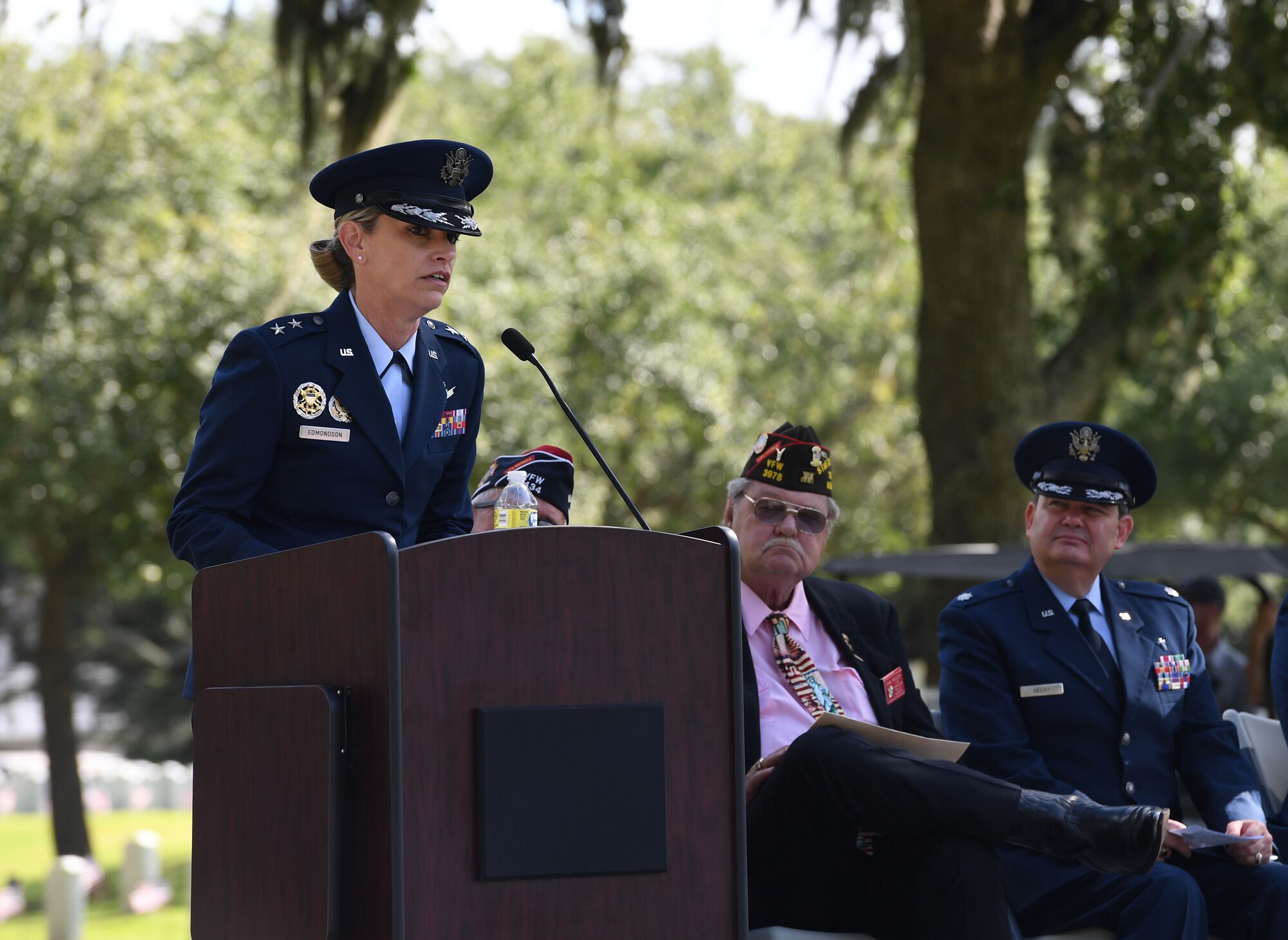 U.S. Air Force Maj. Gen. Michele Edmondson, Second Air Force commander, delivers remarks during the Biloxi National Cemetery Memorial Day Ceremony in Biloxi, Mississippi, May 30, 2022. The ceremony honored those who have made the ultimate sacrifice while serving in the armed forces. Biloxi National Cemetery is the final resting place of more than 23,000 veterans and their family members. Every year, 800 burials take place there for men and women who served in wars years ago and for those defending America today. (U.S. Air Force photo by Kemberly Groue)