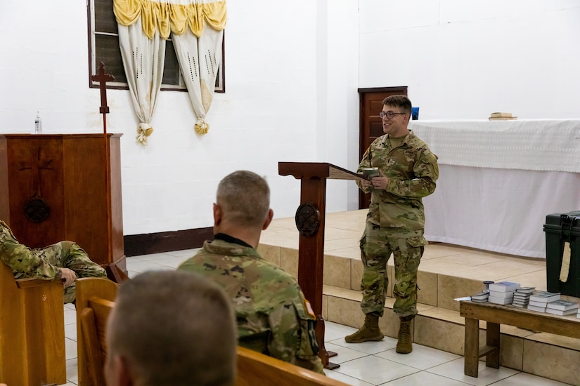 Kentucky National Guard Chaplain Todd Weber opens up services with scripture while supporting Operation Tradewinds 2022 at Price Barracks, Belize on May 15, 2022. Weber traveled to Belize with the 75th Troop Command to offer religious services, counseling and support to U.S. forces and partner nations (U.S. Army photo by Staff Sgt. Andrew Dickson).