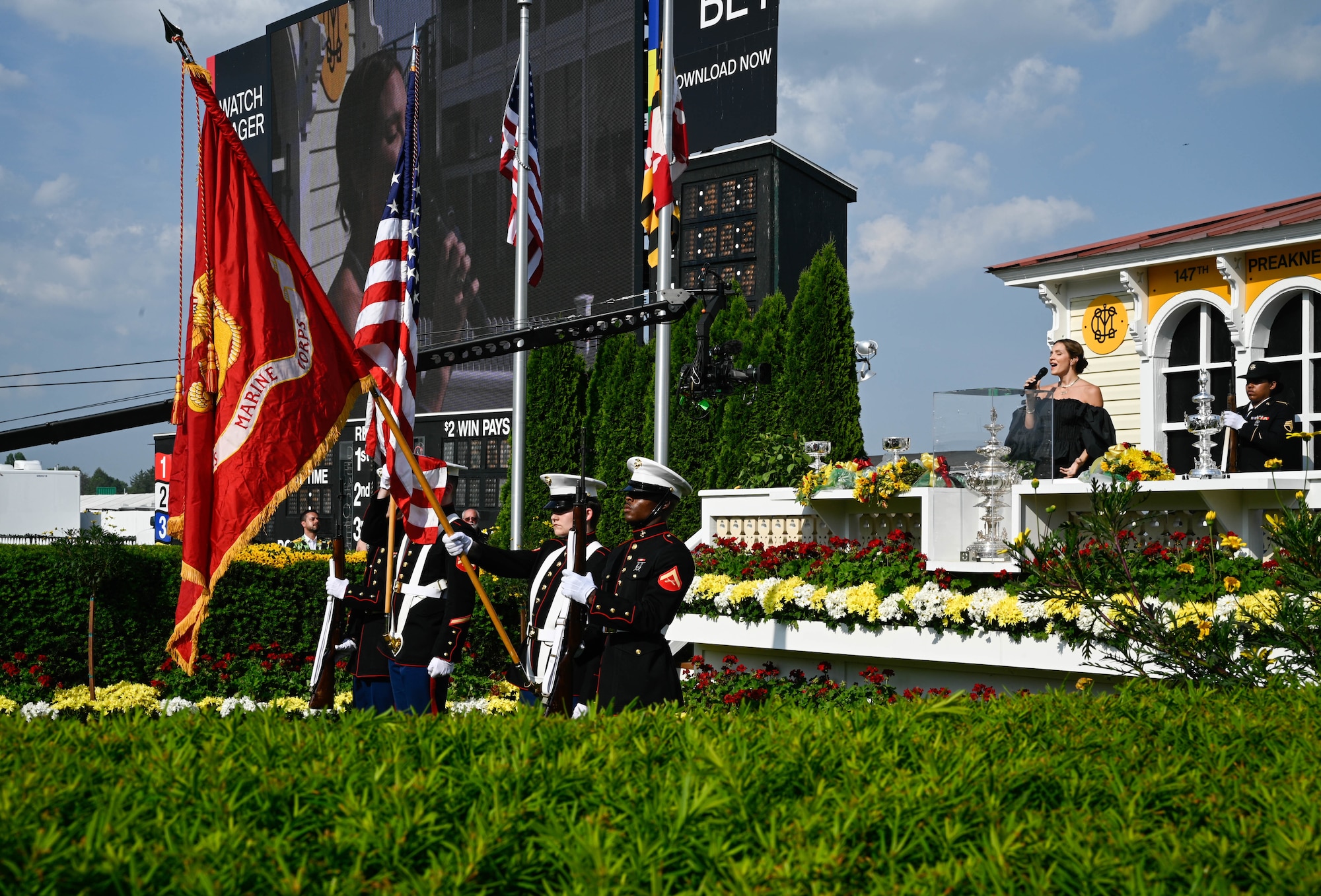 Katharine McPhee, singer and actress sings the National Anthem during the Preakness at the Pimlico race course, Baltimore, Maryland, May 21, 2022. The Preakness Stakes is an American thoroughbred horse race held on the third Saturday in May each year in Baltimore, Maryland.