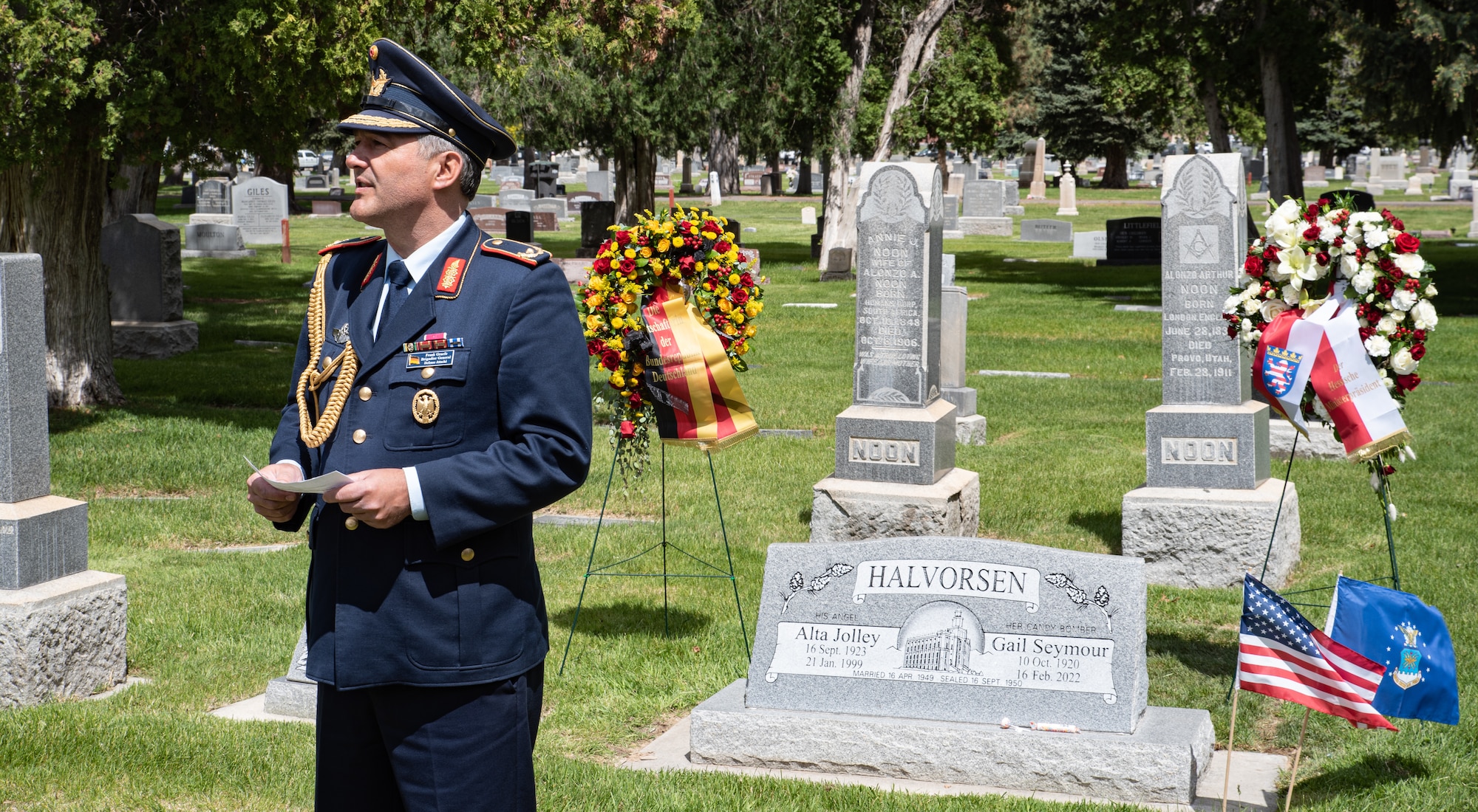 Brig. Gen. Frank Gräfe, the defense attaché from the Federation of Germany to the United States, speaks about Gail and his service to not only America, but to Germany as well on May 20th at the Provo City Cemetary.