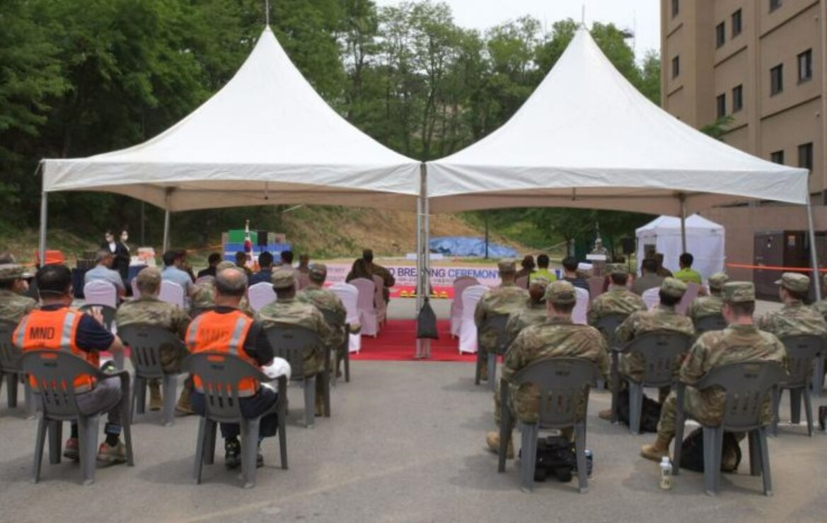 Service members, Korean nationals and special guests gather for the 51st Communications Squadron Headquarters Facility Groundbreaking Ceremony at Osan Air Base, May 25. (Courtesy photo)