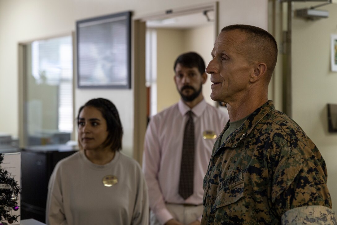 U.S. Marine Corps Maj. Gen. Stephen E. Liszewski, the commanding general of Marine Corps Installations Pacific, speaks to Marine Corps Community Services Okinawa personnel in a family evacuation drill during Exercise Constant Vigilance 2022 on Camp Foster, Okinawa, Japan, Oct. 20, 2022. The annual drill was held to convey the readiness and capabilities of various installations and first responders in the event of an emergency. CV22 is a Force Protection Condition and crisis response evaluation to validate regional installations, camps, and tenant antiterrorism plans and policies. (U.S. Marine Corps photo by Lance Cpl. Thomas Sheng)