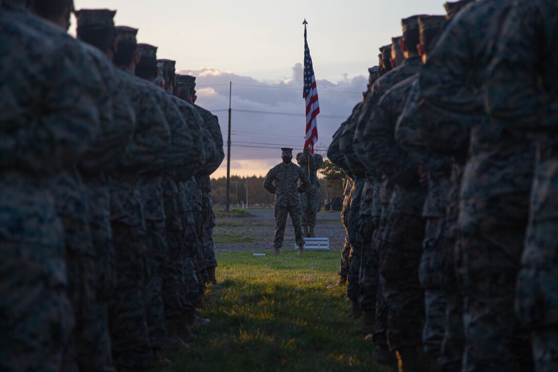 .S. Marines with 12th Marines, 3d Marine Division, and members of the Northern Army, Japan Self- Defense Force, participate in the closing ceremony for exercise Resolute Dragon 22 at Yausubetsu Maneuver Area, Hokkaido, Japan, Oct. 14, 2022.