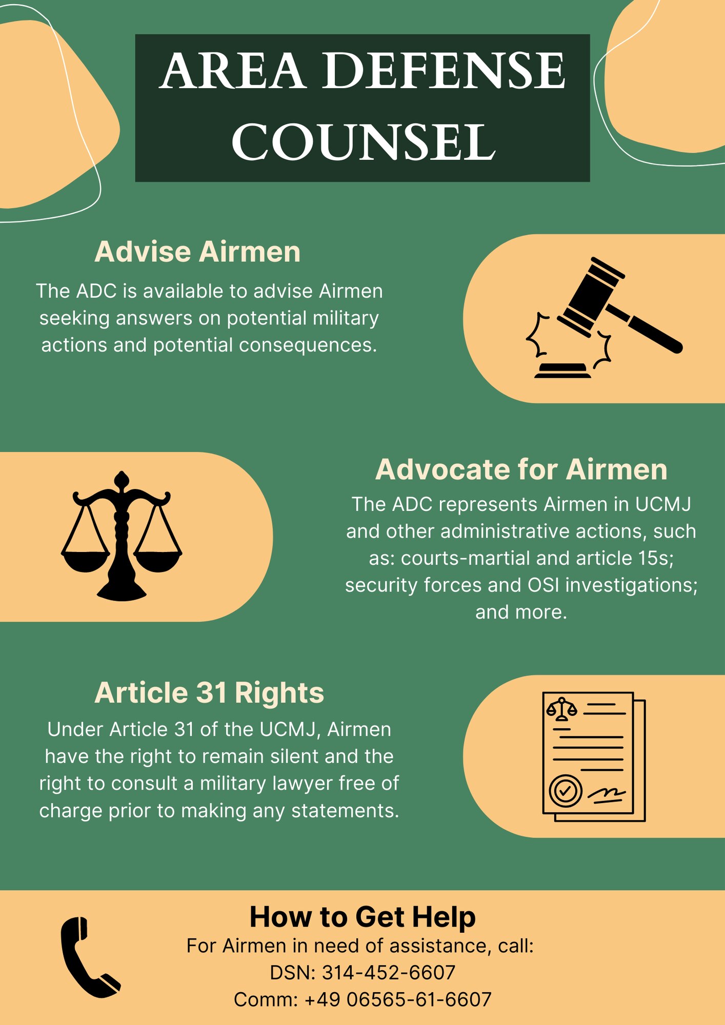 Graphic detailing the assistance the Area Defense Counsel offers.