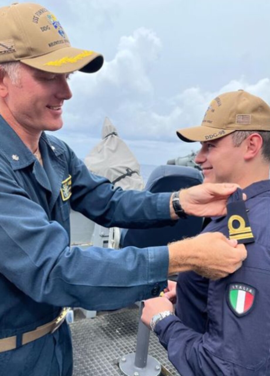 During Exercise Mare Aperto 22 in October 2022, he had the opportunity to spend one month aboard the Arleigh Burke-class guided-missile destroyer USS Forrest Sherman (DDG 98).