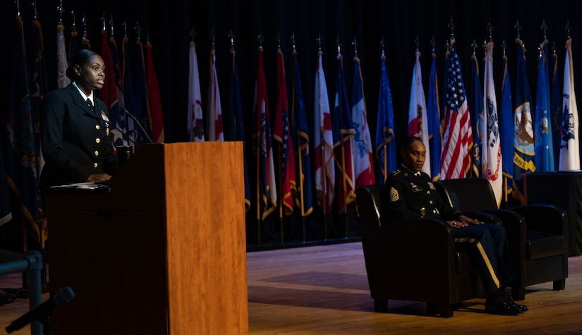U.S. Navy Senior Chief Petty Officer Mikendra R. Porter, Naval Weapons Station Yorktown command senior chief, delivers remarks