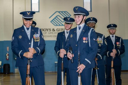 U.S. Air Force Staff Sgt. Bianka Best and Airman 1st Class Olivia Flynn answer questions from members of Boys & Girls Clubs of Greater Washington Oct. 25, 2022, Washington, D.C. Best and Flynn are two of only nine female ceremonial guardsmen in the 74-year history of the U.S. Air Force Honor Guard Drill Team. (U.S. Air Force photo by Jason Treffry)