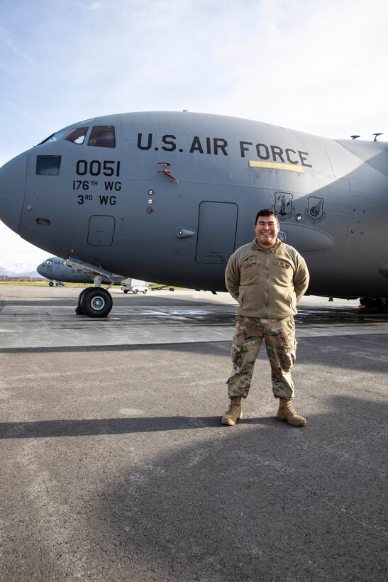 Tech. Sgt. Blassi Shoogukwruk is a C-17 Globemaster III crew chief with the 176th Aircraft Maintenance Squadron, 176th Wing. Shoogukwruk comes from a long line of military veterans, but is the first person in his family to serve in the Air Force. (Alaska National Guard photo by Staff Sgt. Katie Mazos-Vega)