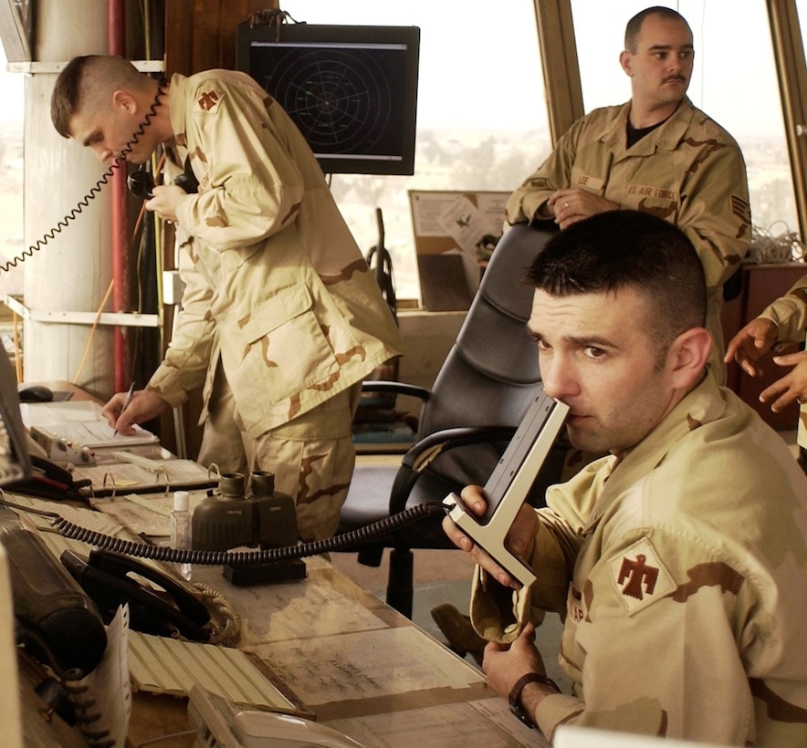 During his Army deployment at Joint Air Base Balad, located 40 miles from Baghdad, Iraq, U.S. Army Engineer Research and Development Center (ERDC) emergency operations specialist Theodore Lee, right, served as an air traffic controller for the busy airfield. During its peak years, the airport directed aircraft for 28,000 military troops and more than 8,000 civilian contractors and employees, along with politicians, authorities, officials and celebrities. His interests in air safety continued with his invention,“ Predicting the Future Magnetic Alignment of a Runway,” for which he received a U.S. Patent in September 2022.