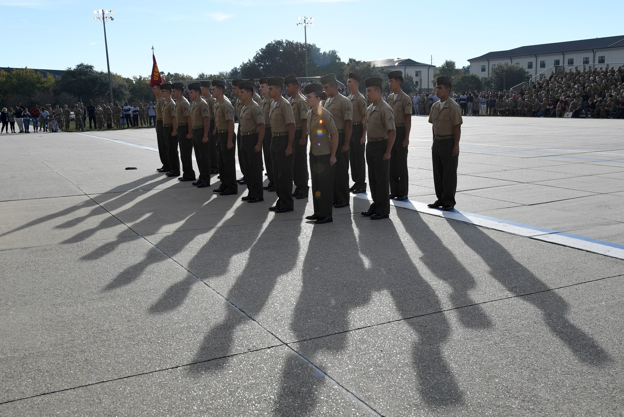 Members of the Keesler Marine Detachment regulation drill team perform during the 81st Training Group drill down on the Levitow Training Support Facility drill pad at Keesler Air Force Base, Mississippi, Oct. 28, 2022.