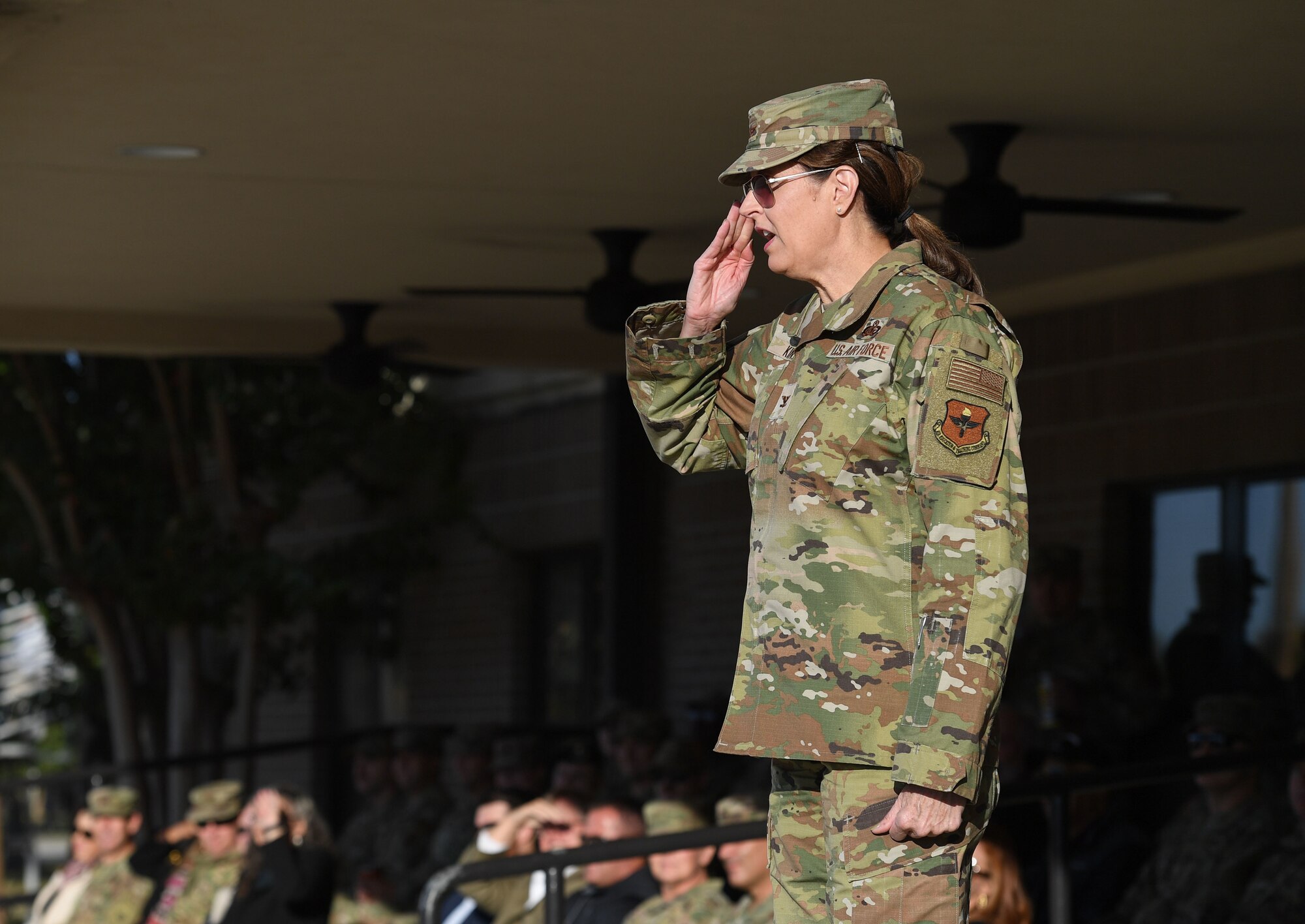 U.S. Air Force Col. Laura King, 81st Training Group commander, returns a salute during the 81st TRG drill down on the Levitow Training Support Facility drill pad at Keesler Air Force Base, Mississippi, Oct. 28, 2022.
