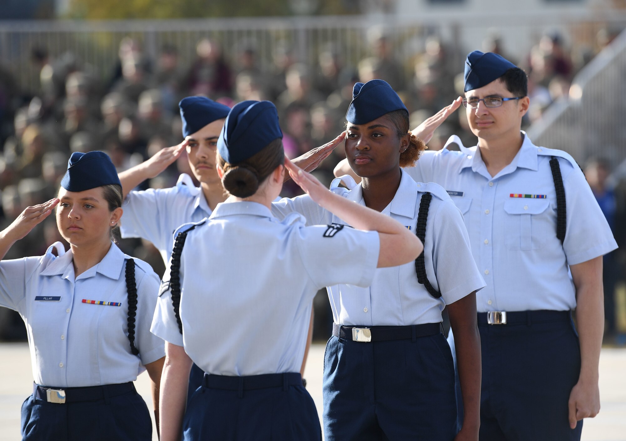 Members of the 334th Training Squadron regulation drill team perform during the 81st Training Group drill down on the Levitow Training Support Facility drill pad at Keesler Air Force Base, Mississippi, Oct. 28, 2022.
