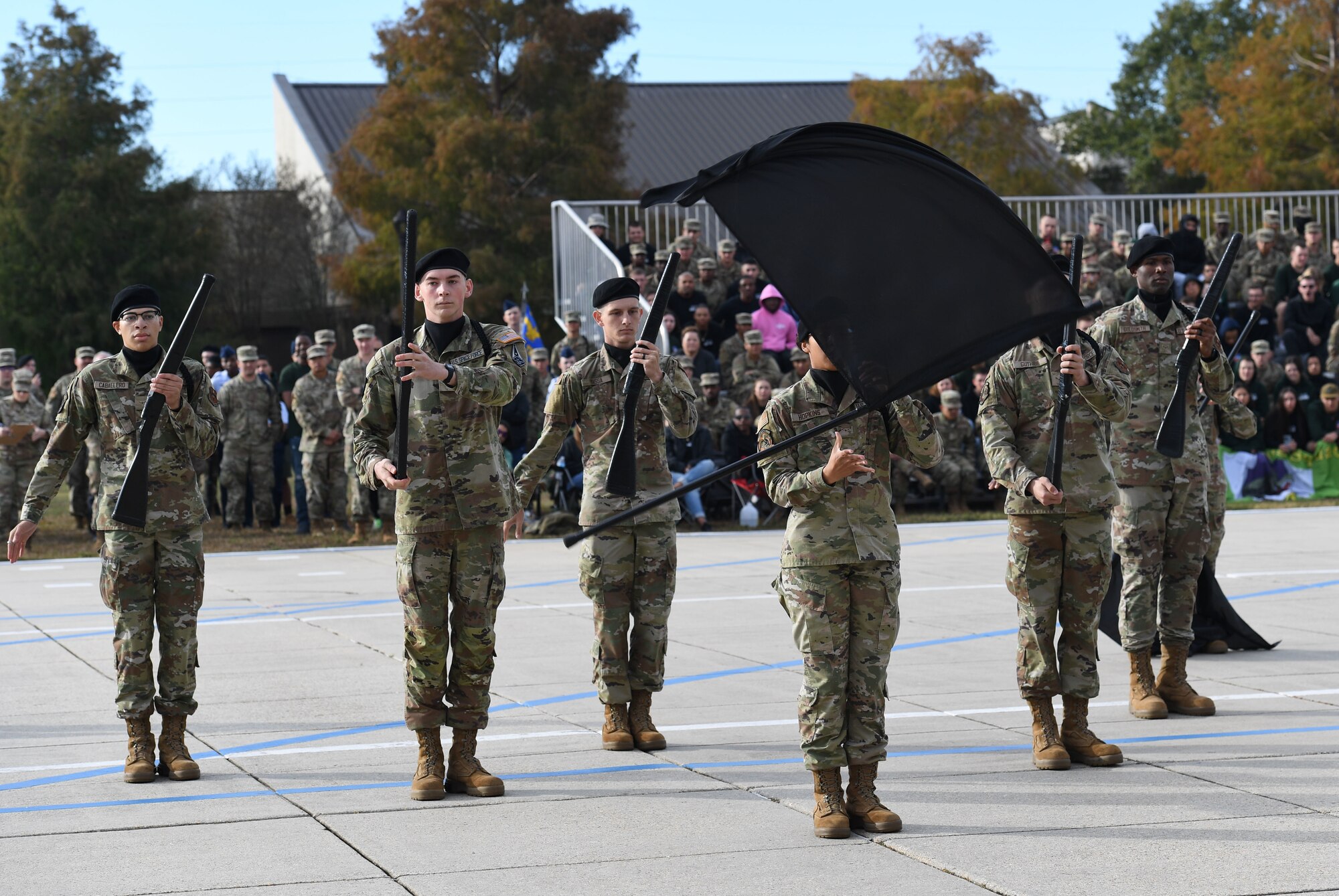 Members of the 338th Training Squadron freestyle drill team perform during the 81st Training Group drill down on the Levitow Training Support Facility drill pad at Keesler Air Force Base, Mississippi, Oct. 28, 2022.