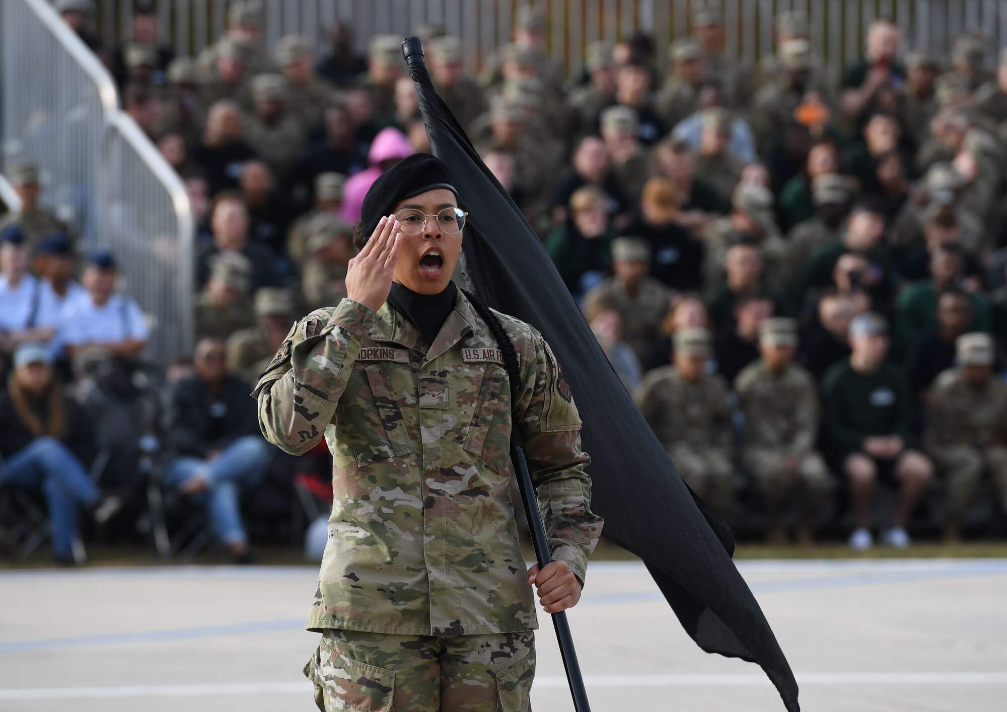 A member of the 338th Training Squadron freestyle drill team performs during the 81st Training Group drill down on the Levitow Training Support Facility drill pad at Keesler Air Force Base, Mississippi, Oct. 28, 2022.