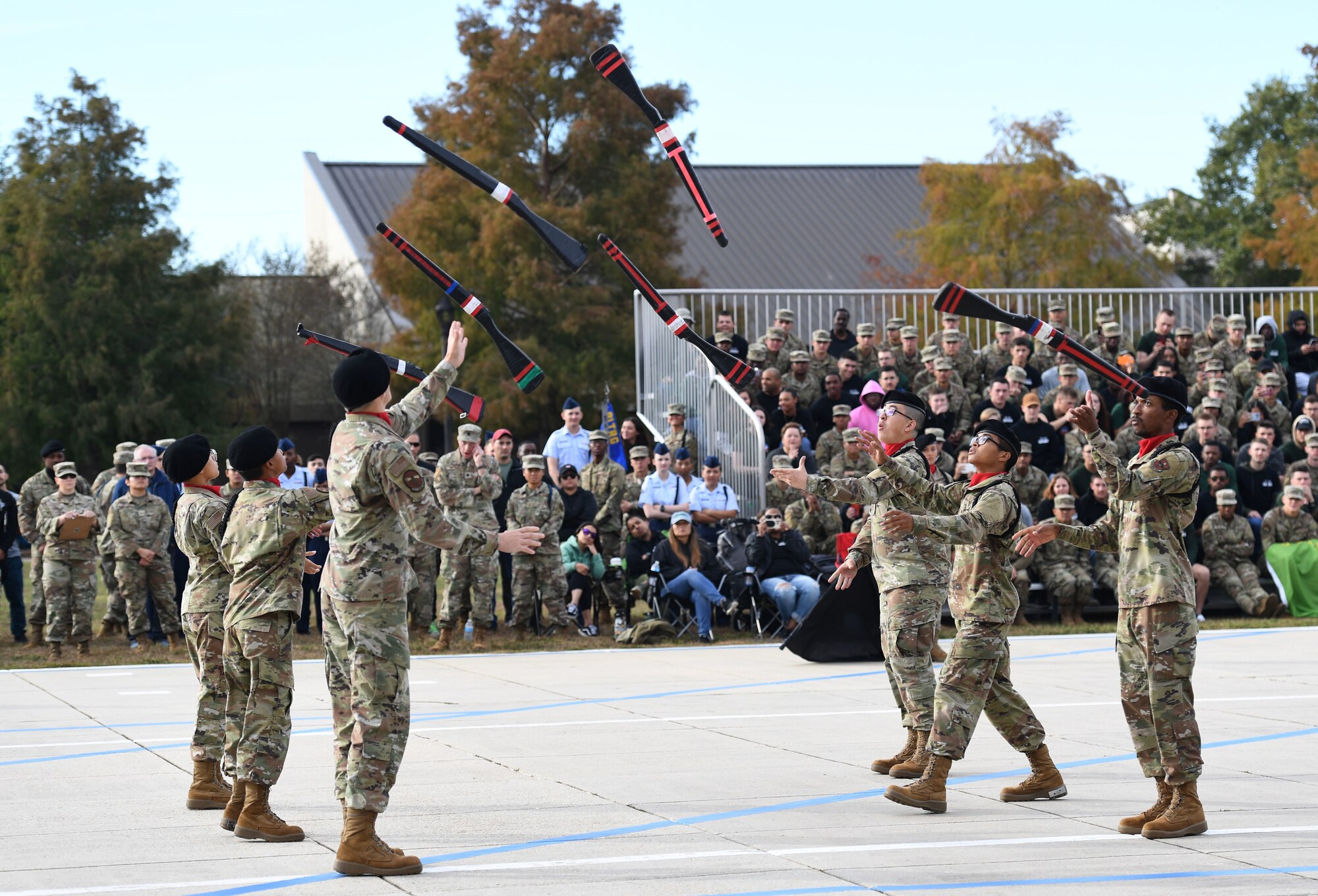 Members of the 335th Training Squadron freestyle drill team perform during the 81st Training Group drill down on the Levitow Training Support Facility drill pad at Keesler Air Force Base, Mississippi, Oct. 28, 2022.