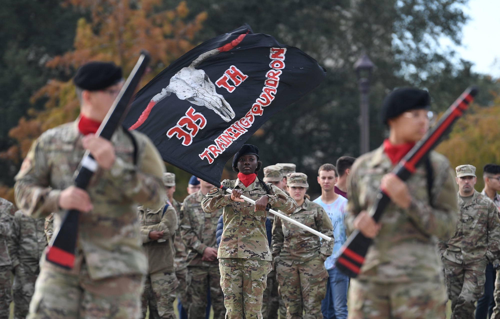 Members of the 335th Training Squadron freestyle drill team perform during the 81st Training Group drill down on the Levitow Training Support Facility drill pad at Keesler Air Force Base, Mississippi, Oct. 28, 2022.