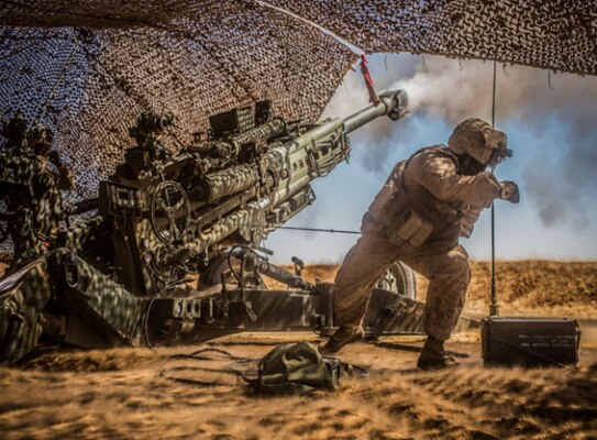 U.S. Marines with the 11th Marine Expeditionary Unit fire their M777 Howitzer during a fire mission in northern Syria as part of Combined Joint Task Force - Operation Inherent Resolve, Mar. 24, 2017.  MAP-K rapidly issued equipment, repair parts and supplies to the Marines of TF Syria 9.7 OIR.