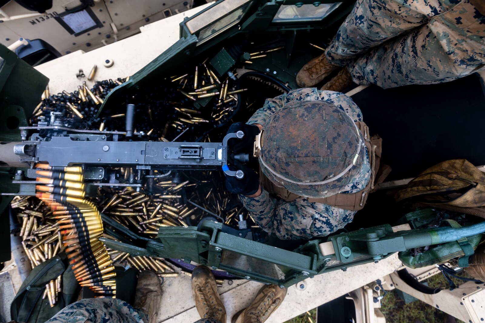 U.S. Marines with 3d Battalion, 12th Marines, 3d Marine Division fire an M2 .50 caliber heavy machine gun during Artillery Relocation Training Program 22.2 at the Combined Arms Training Center, Camp Fuji, Japan, Aug. 22, 2022.