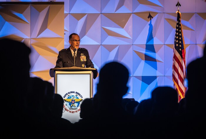 Photo of Lt. Gen. John Healy speaking at the Airlift/Tanker Association Symposium.