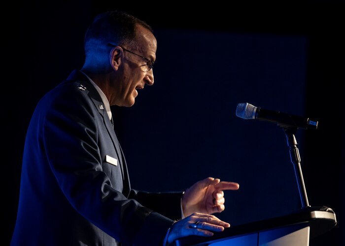 Photo of Lt. Gen. John Healy speaking at the Airlift/Tanker Association Symposium.
