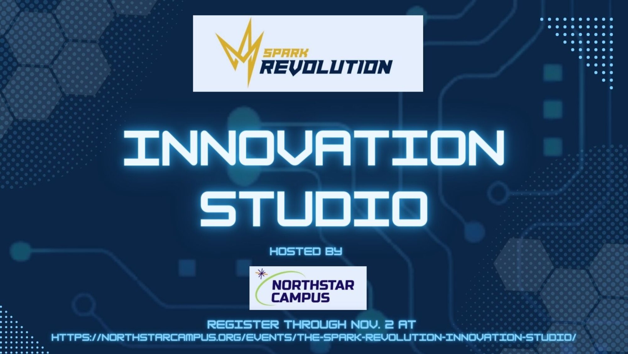 Neon sign letting, technology-based background, navy blue and light blue, innovation studio, sign up link