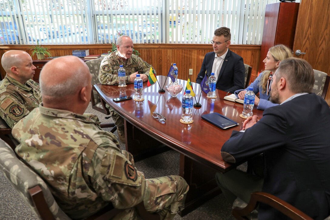 Lithuanian Vice Minister of Defense, Mr. Margiris Abukevičius, his advisor, Mr. Tadas Sakunas, Ms. Monika Koroliovienė, Defense Counselor, Embassy of Lithuania, joined Brig. Gen. Michael Regan Jr., Deputy Adjutant General – Air, Col. Donald O’Shell Jr., Director of Staff, Pennsylvania Air National Guard, and Chief Master Sgt Paul Frisco Jr., State Command Chief, Pennsylvania Air National Guard, met to discuss strategic planning, cyber defense and areas of future cooperation Oct. 28 at Fort Indiantown Gap.